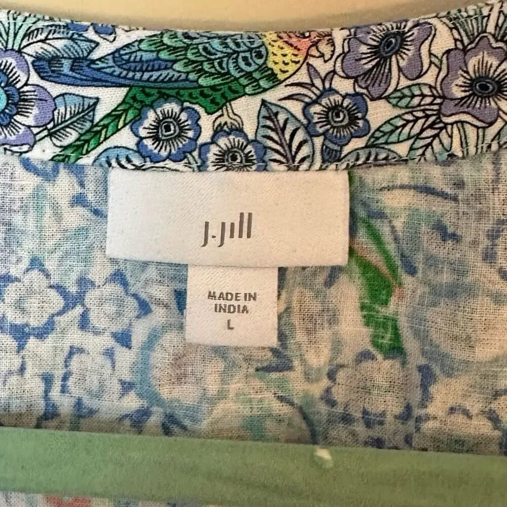 J. Jill Blue Tropical Birds & Botanical Print Woven Linen Blend Top Size Large